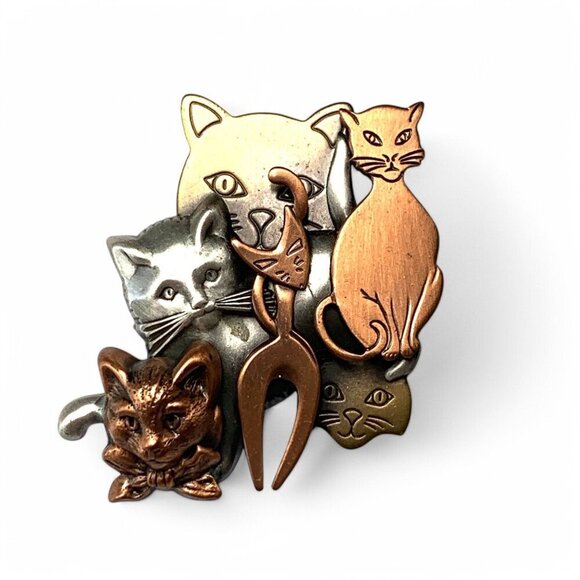 Vintage K&T Six Cats Brooch Mixed Metals Copper, Gold & Pewter Finish 2" - Picture 6 of 6